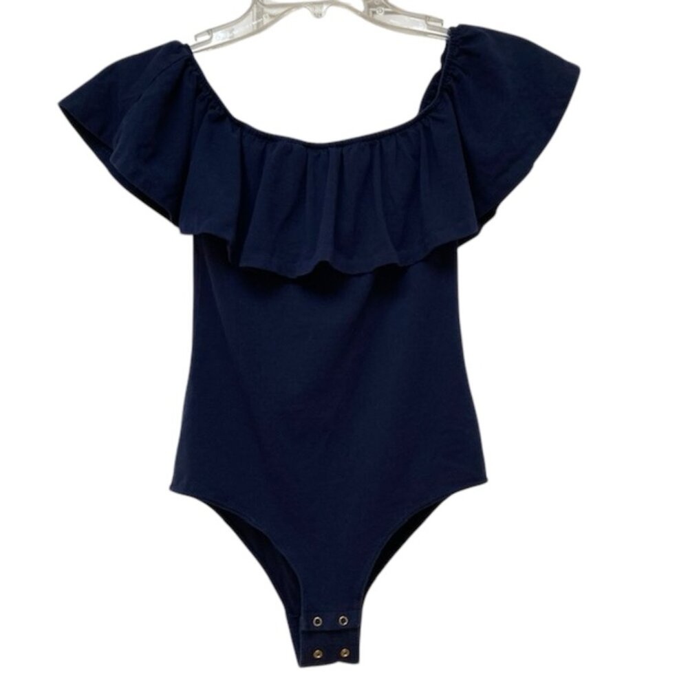 J. Crew Factory Navy Off the shoulder ruffle body suit XS
